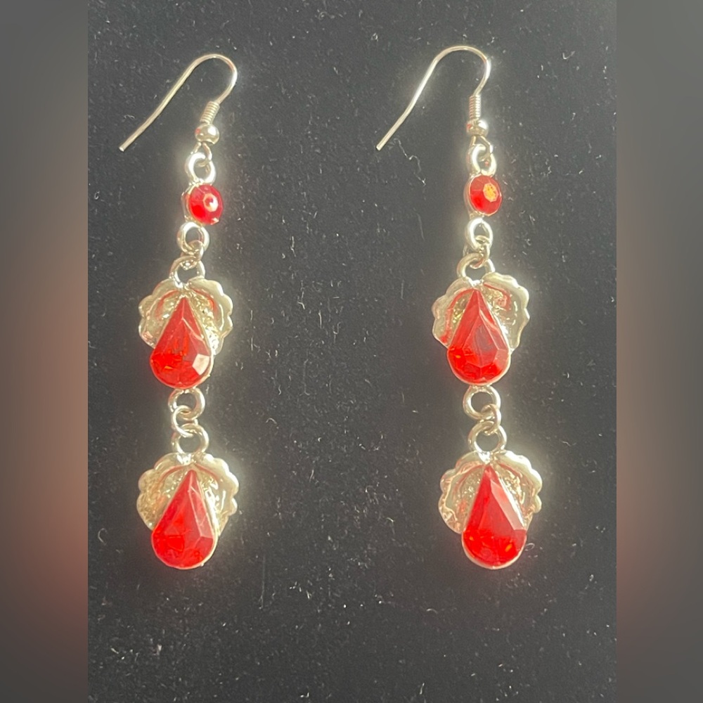 Vintage Silver Toned Red Faux Gem Dangle Earrings